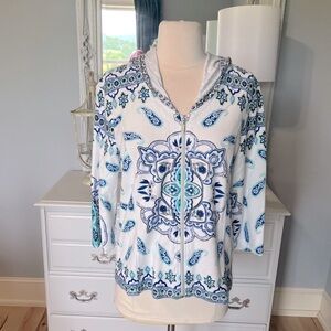 Onque Casual White Floral Hoodie Zip Beach Womens M Coverup Jacket Grandma
